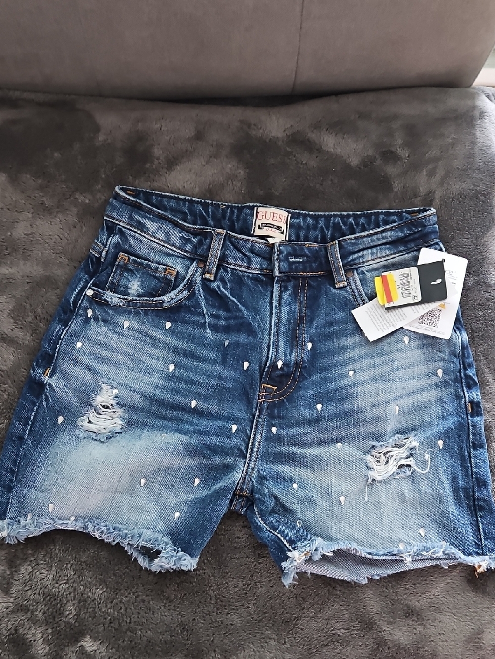 GUESS Blue Distressed Denim Shorts with Rhinestone White Heart Dots